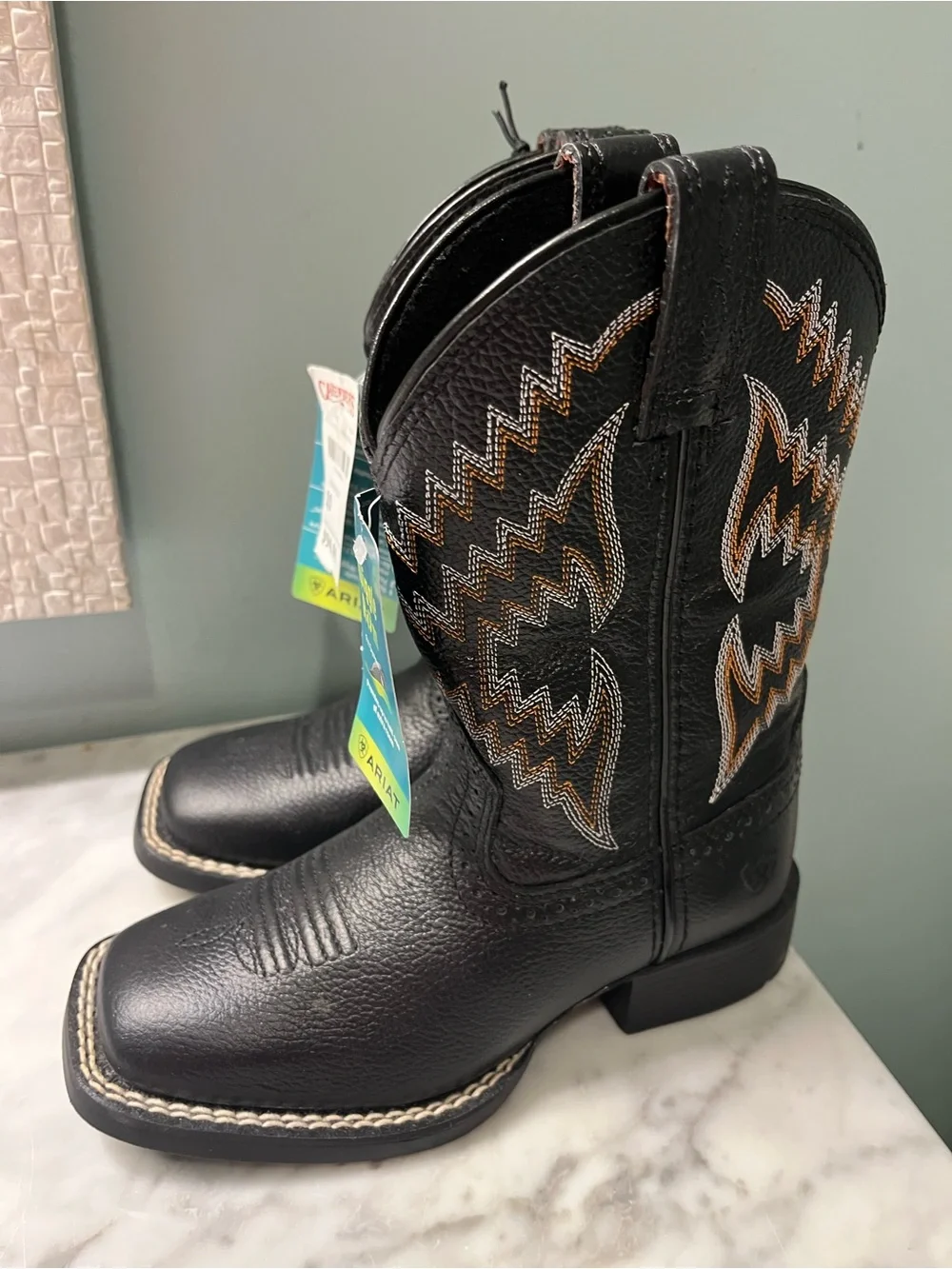 Ariat Black Kids Western Boots with White and Brown Stitching